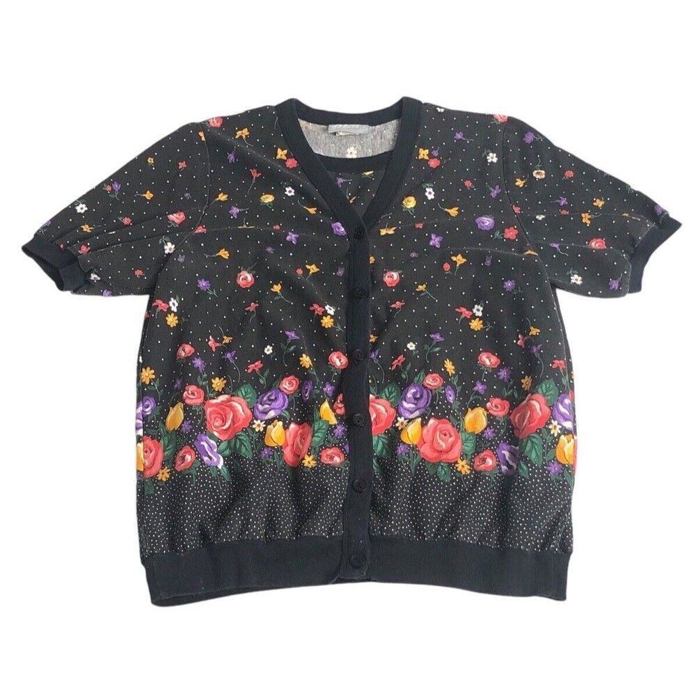 Vintage Blair Cardigan Top Womens L Black Floral Attached Shirt Cottagecore‎ 90s